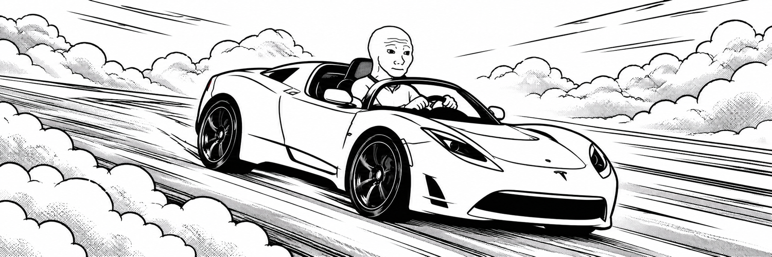 Panoramic comic of Wojak speeding through clouds in a Tesla