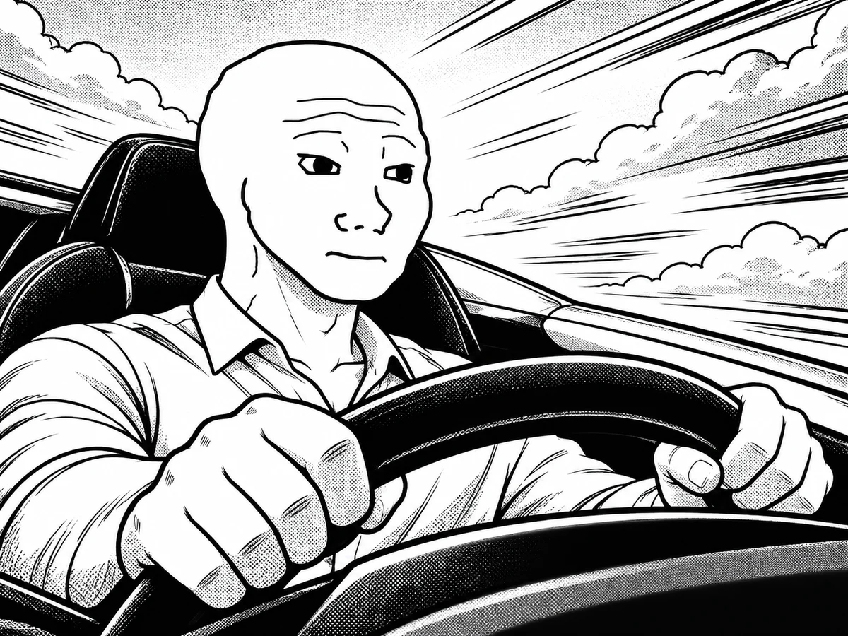 Wojak holding the steering wheel as clouds rush past