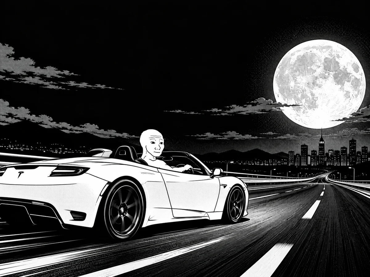 Wojak cruising along an empty moonlit highway