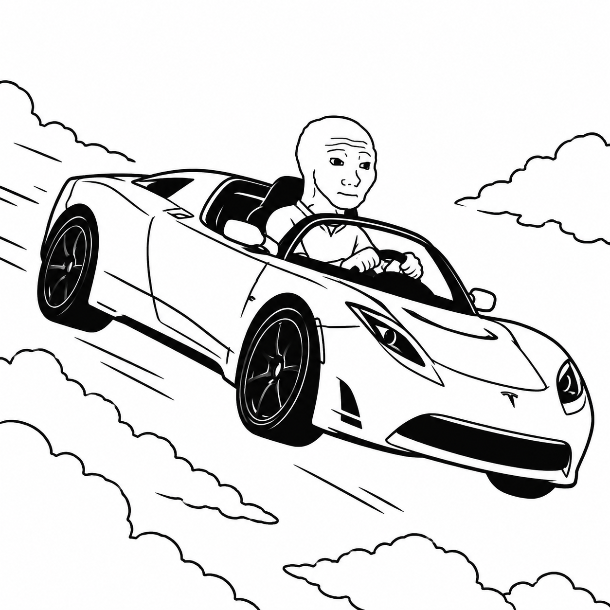 Deadpan Wojak driving a white Tesla roadster through clouds