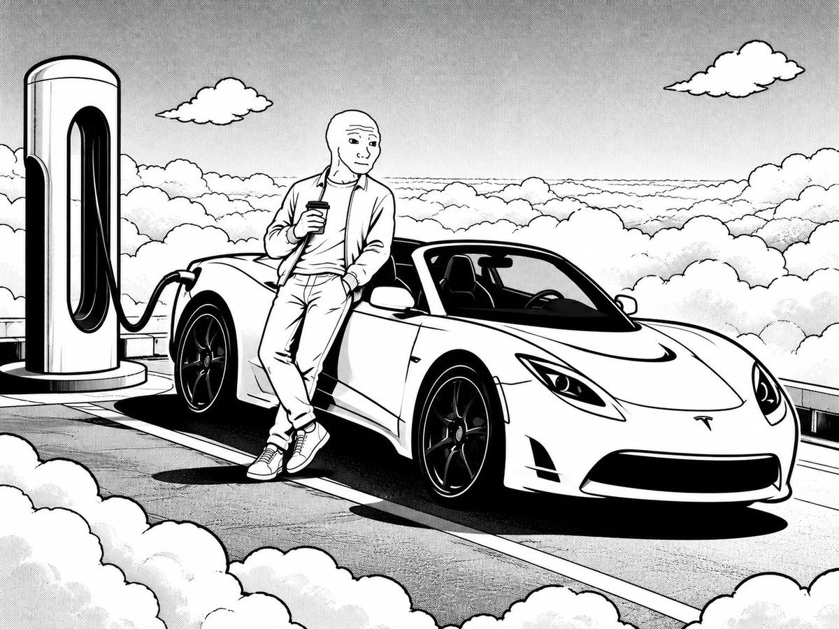 Wojak and his Tesla at a charging station in the clouds